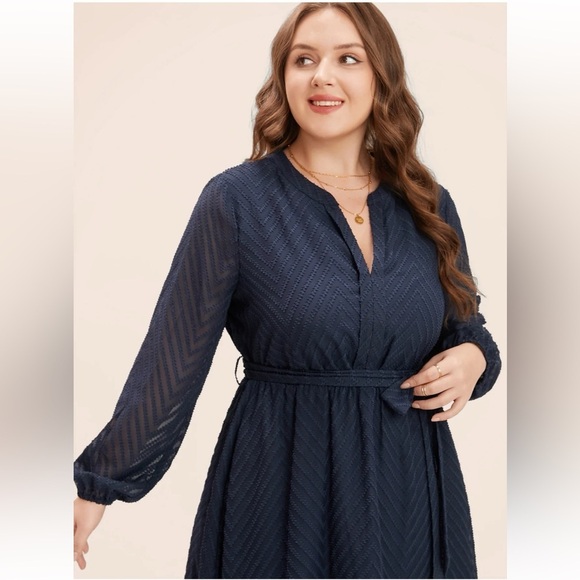 BloomChic Plus Size XL Solid Geometric Pocket Mesh Lantern Sleeve Belted Dress - Picture 4 of 10